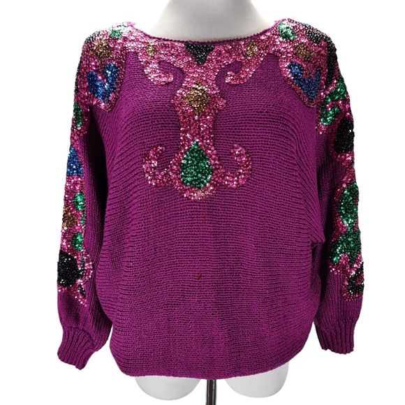 Purple Colorful 80s Sweaters Vintage 80s Women's Chia Embroidered